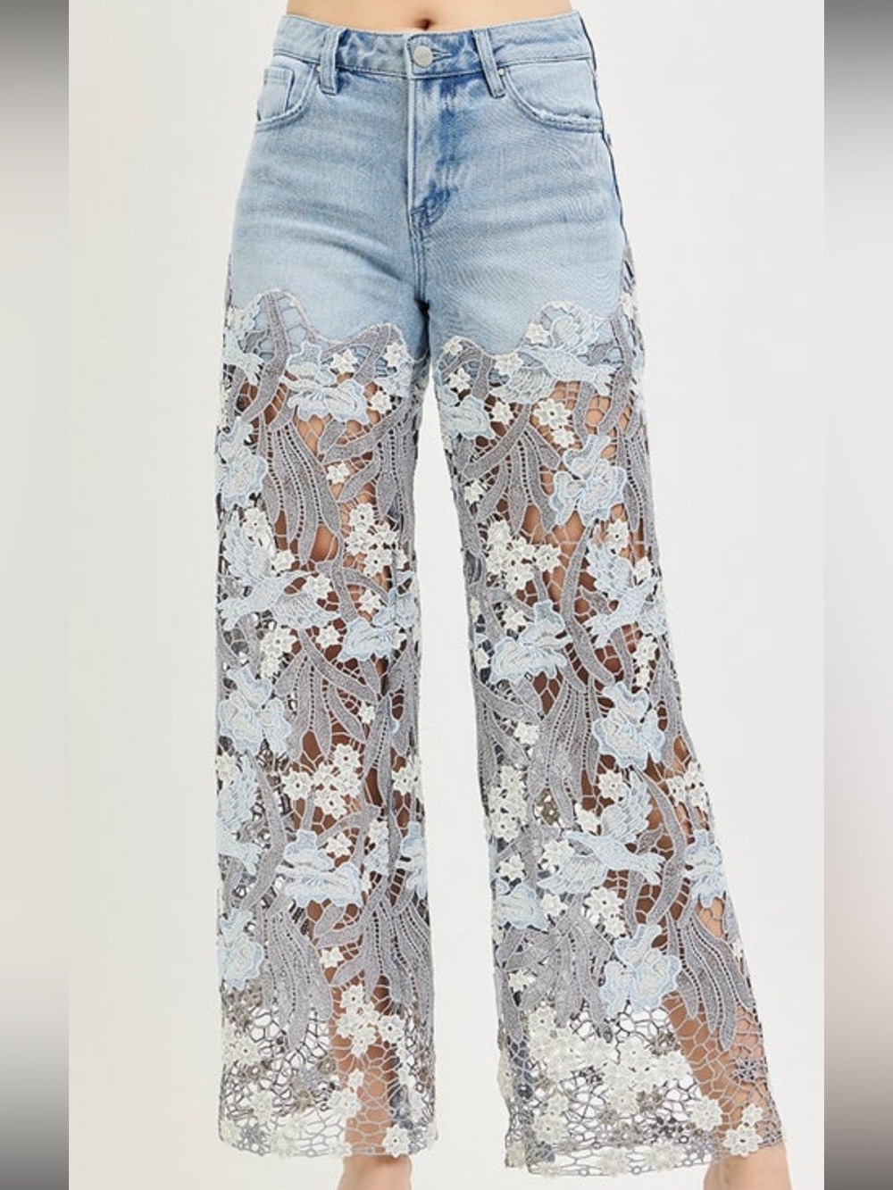 Risen High Rise Wide Leg Lace-Up Leg Trim Jeans